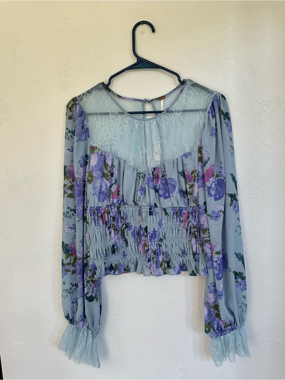 NWT Free People Floral Lace Yoke Smocked Long-Sleeve Blouse
